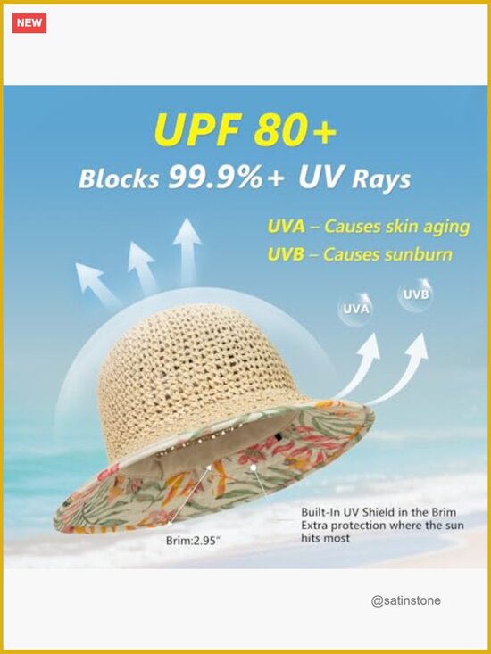 UPF80+ Floppy Wide Brim Straw Sun Hat with Cooling Sweatband & Ponytail Opening